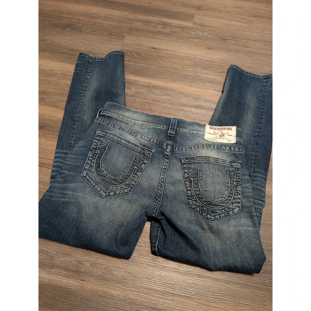 True Religion Moto Section Slim Biker Jeans Blue Denim Ribbed Knee Mens 34